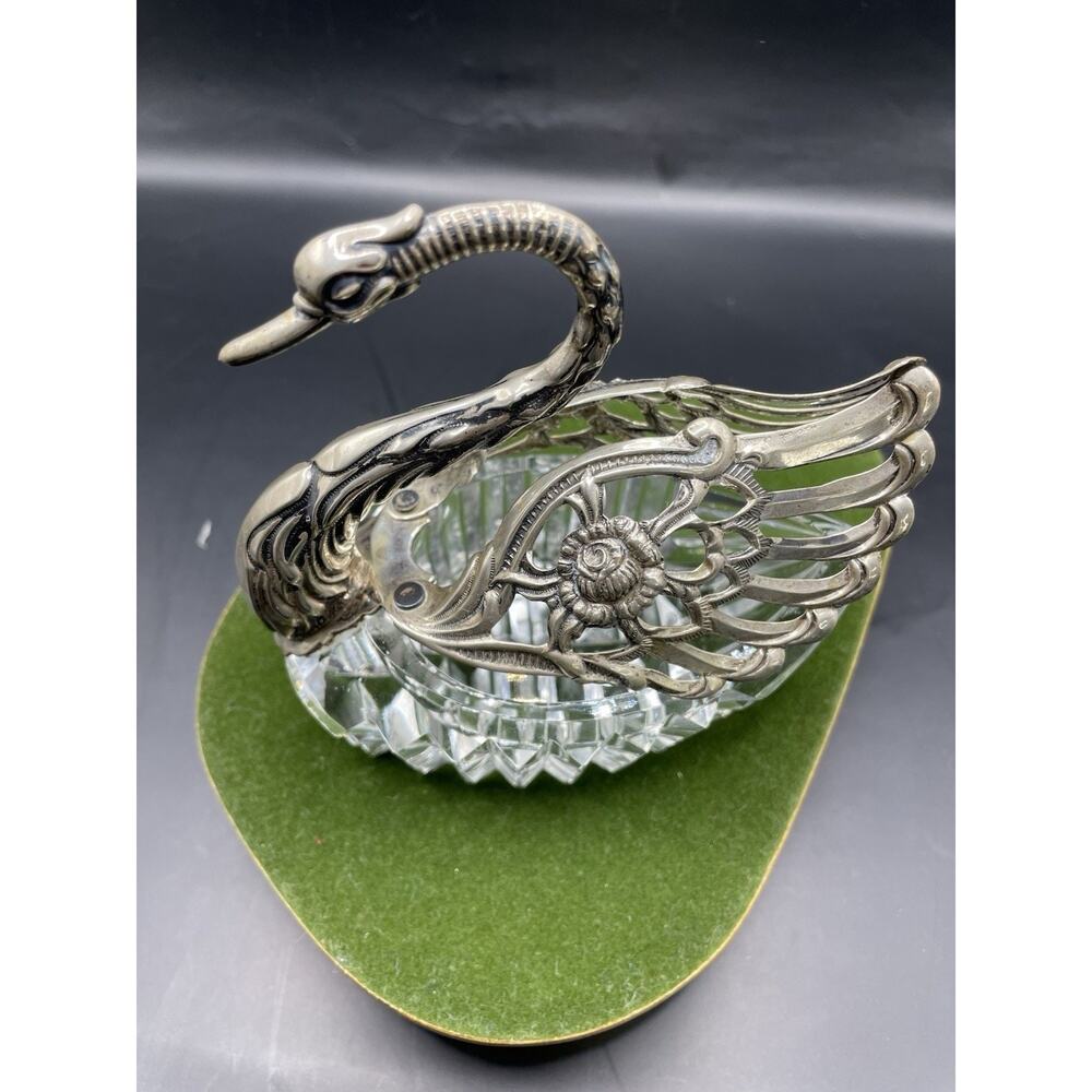 German 835 Silver Swan Albo Cut Glass Salt Cellar Signed